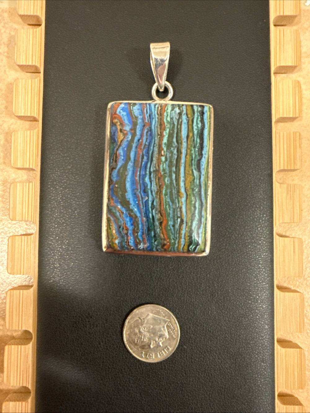 Large rectangular rainbow calsilica pendant 925 Sterling Silver 34.1g